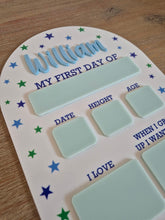 Load image into Gallery viewer, Personalised First Day of School Board | Stars First Day Sign | Acrylic Milestone Board | Back to School Photo Prop | Boys School Sign