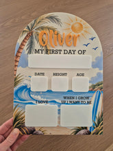 Load image into Gallery viewer, Personalised First Day of School Board | Surfer Beach First Day Sign | Acrylic Milestone Board | Back to School Photo Prop | School Sign