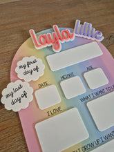 Load image into Gallery viewer, Personalised First &amp; Last Day School Board | Reusable Acrylic First Day Sign | Interchangeable Names | Back to School Photo Prop | Rainbow