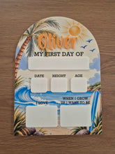 Load image into Gallery viewer, Personalised First Day of School Board | Surfer Beach First Day Sign | Acrylic Milestone Board | Back to School Photo Prop | School Sign