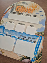 Load image into Gallery viewer, Personalised First Day of School Board | Surfer Beach First Day Sign | Acrylic Milestone Board | Back to School Photo Prop | School Sign