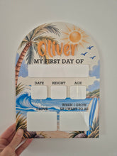Load image into Gallery viewer, Personalised First Day of School Board | Surfer Beach First Day Sign | Acrylic Milestone Board | Back to School Photo Prop | School Sign