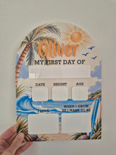 Load image into Gallery viewer, Personalised First Day of School Board | Surfer Beach First Day Sign | Acrylic Milestone Board | Back to School Photo Prop | School Sign
