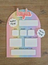 Load image into Gallery viewer, Personalised First &amp; Last Day School Board | Reusable Acrylic First Day Sign | Interchangeable Names | Back to School Photo Prop | Rainbow