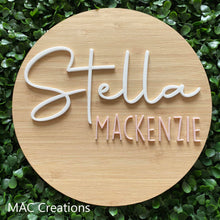 Load image into Gallery viewer, Bamboo Name Plaque - TWO acrylic names - Baby Announcement Plaque