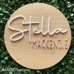 Bamboo Name Plaque - TWO acrylic names - Baby Announcement Plaque